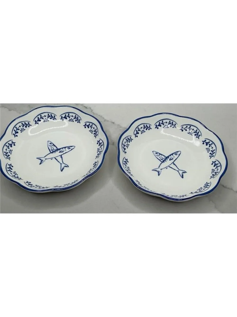 2 Small Cat Bowl, Pet Bowl, Pretty Blue & White Pet Food Dish FISH Ceramic New